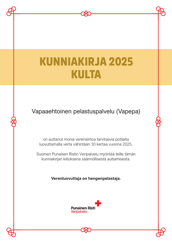 Veripalvelun kultainen kunniakirja vuodelta 2025.